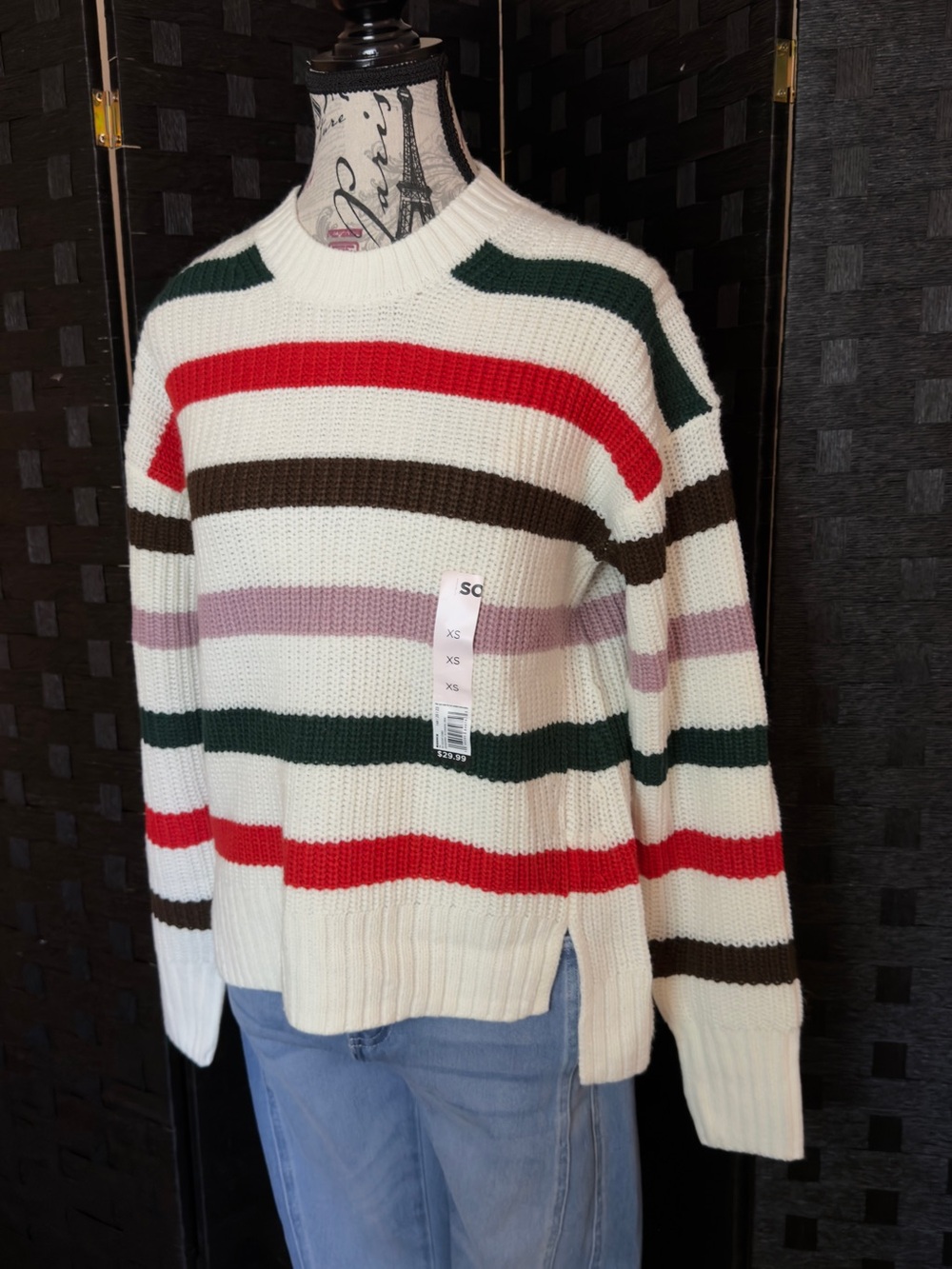 Kohl's Cream Crewneck Sweater with Red, Green, Brown & Lavender Stripes